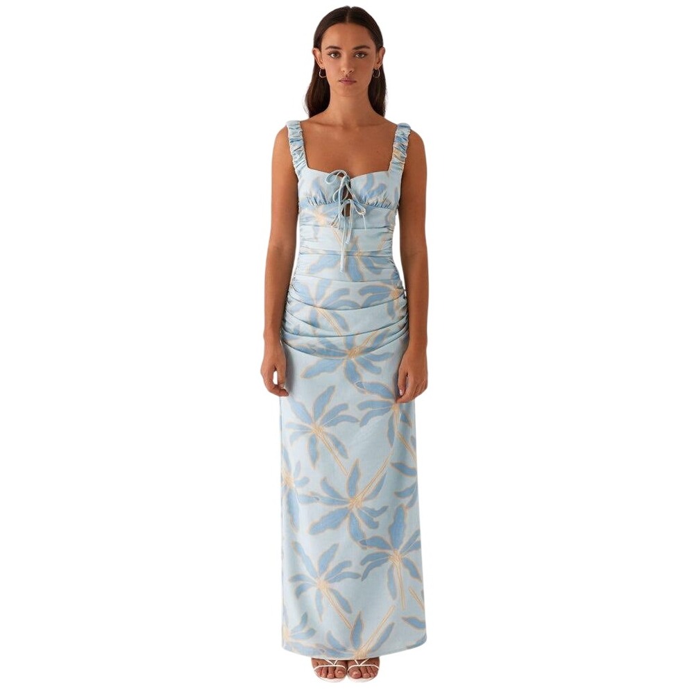 PEPPERMAYO Cosmic Love Blue Floral Ruched Maxi Dress, Size 4 - Picture 1 of 10